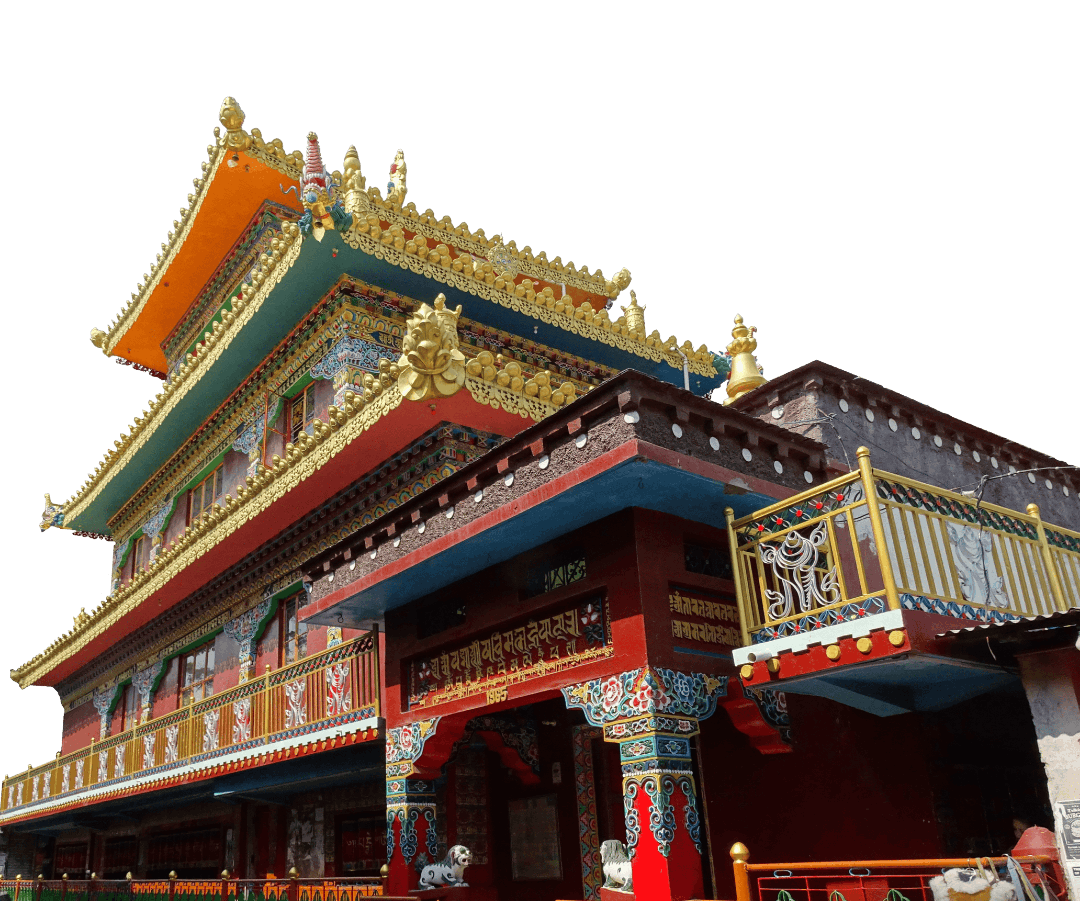 Kalachakra Temple featuring traditional Tibetan architecture and prayer wheels