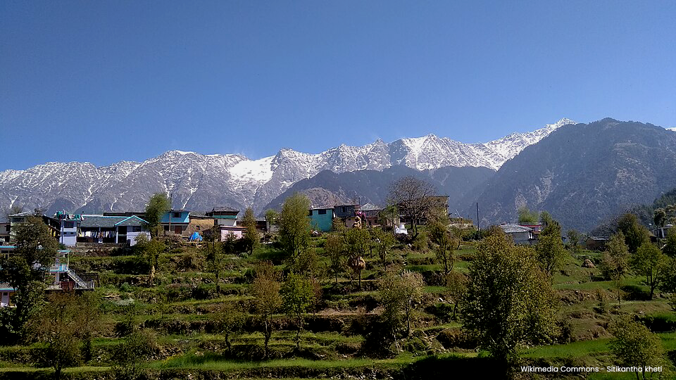 Local cottages at Naddi Village near Mcleod Ganj with views of the Dhauladhar mountains